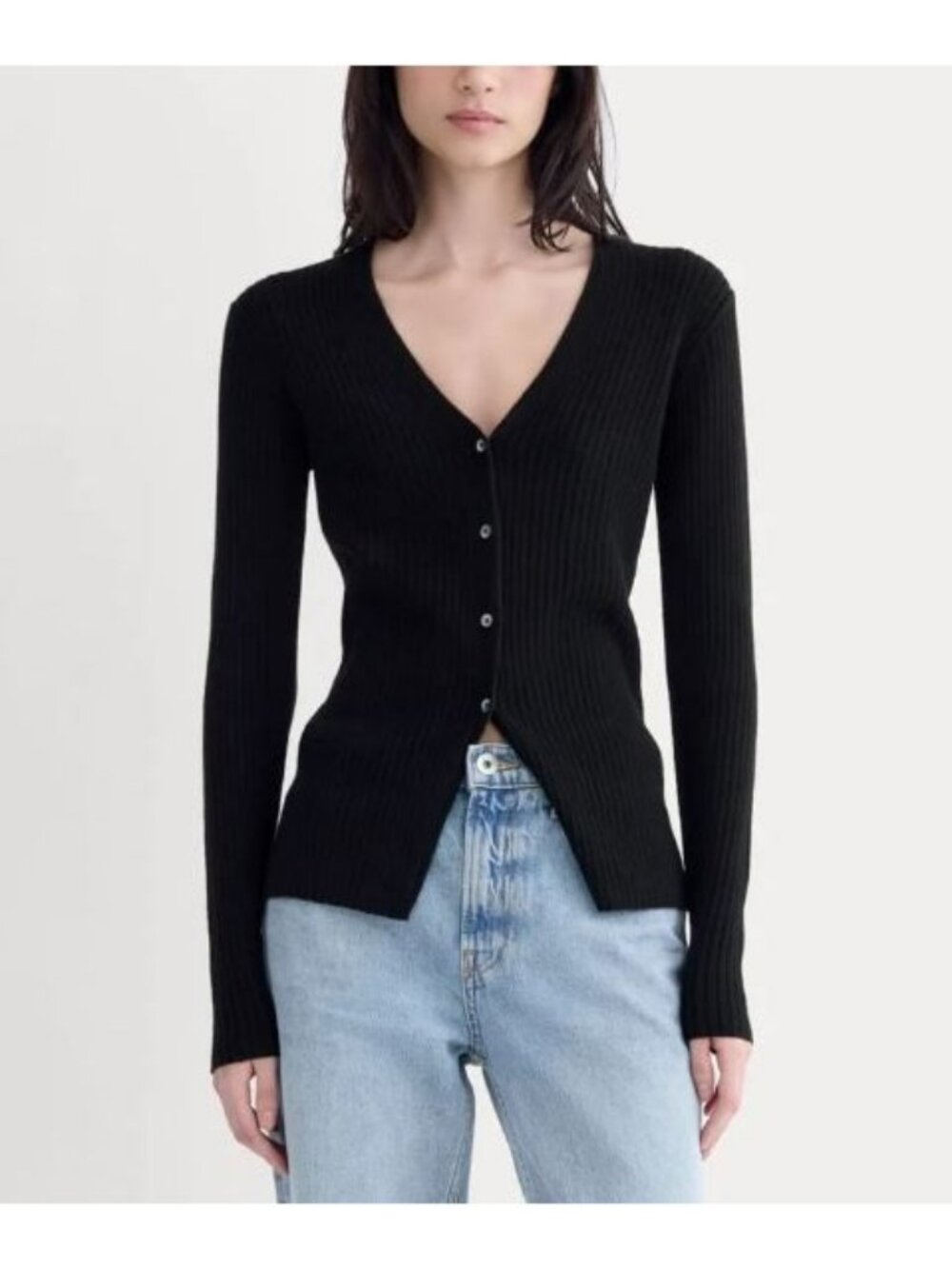 Everlane The Cashmere Ribbed V-Neck Cardigan Black Size Large NWT
